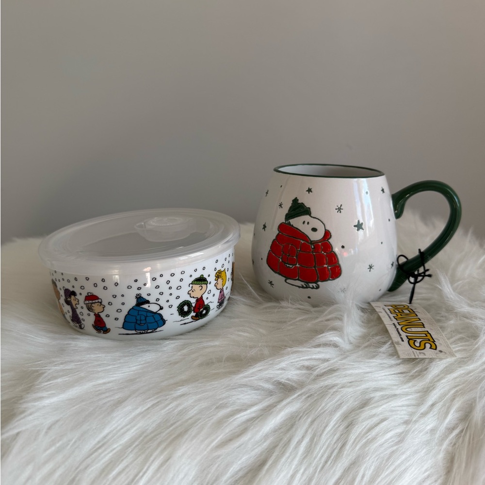 Snoopy Puffer Peanuts Holiday Mug and Bowl Set - Red, Green, White
